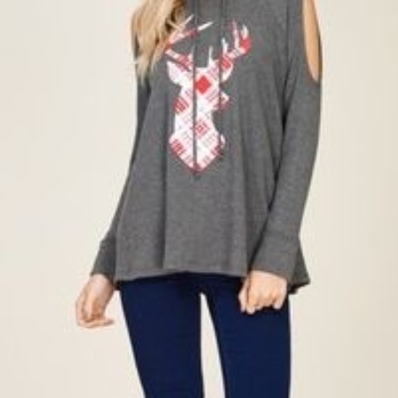 Christmas Top  Cold Shoulder  Gingham Reindeer - Picture 5 of 6